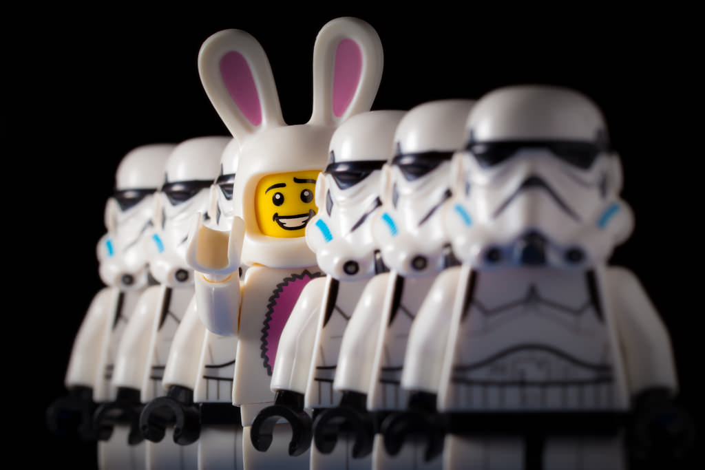 a bunny in a line of lego stormtroopers